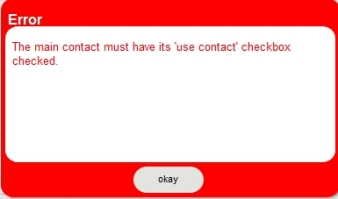 Error message: The main contact must have its 'use contact' checkbox checked.